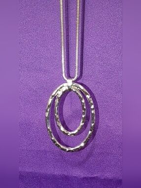 Hammered Double Oval Pendant Necklace - Silver Tone